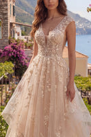 Laden Sie das Bild in den Galerie-Viewer, V-Ausschnitt Champagner A Linie Blumen Lang Ballkleid mit Rüschen