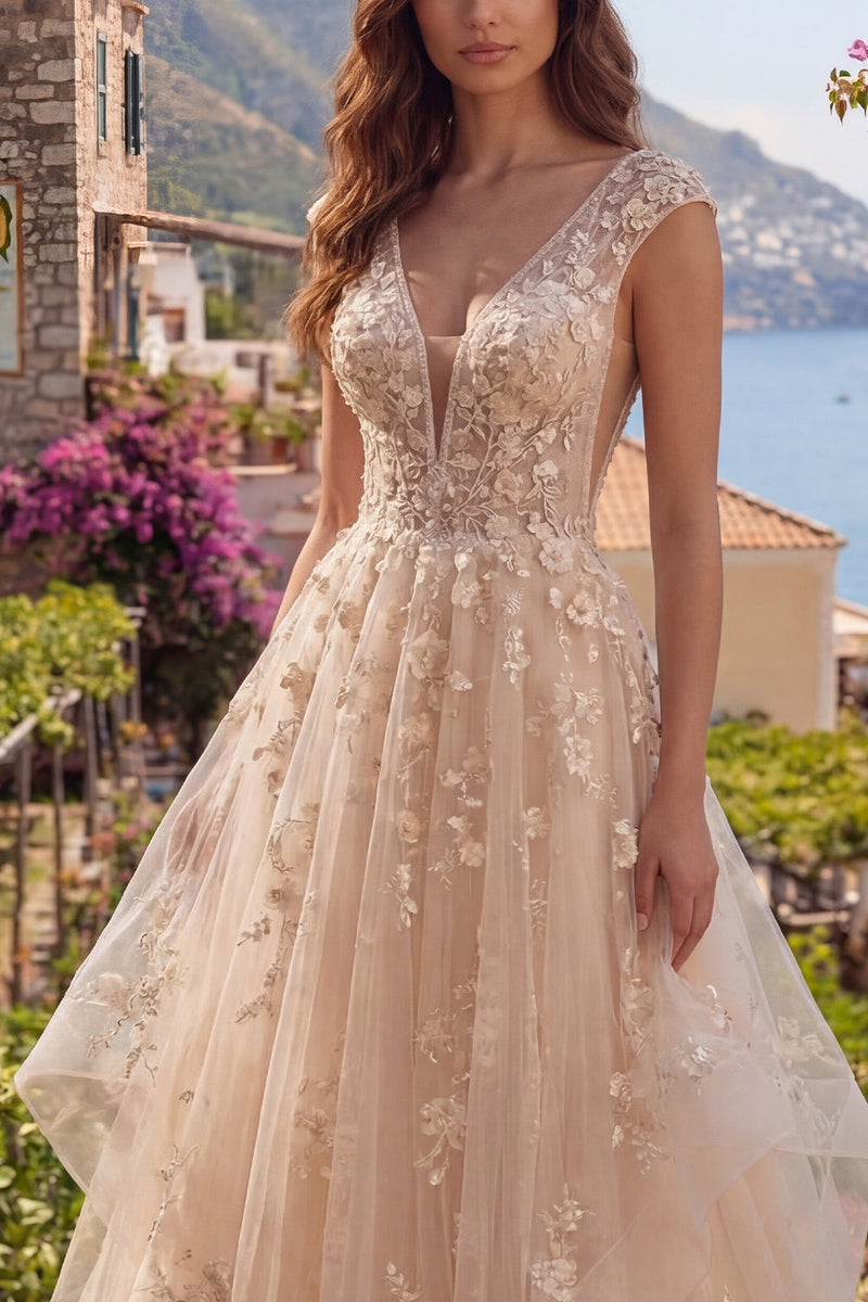 Laden Sie das Bild in den Galerie-Viewer, V-Ausschnitt Champagner A Linie Blumen Lang Ballkleid mit Rüschen