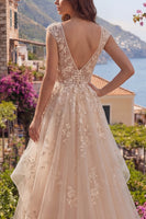 Laden Sie das Bild in den Galerie-Viewer, V-Ausschnitt Champagner A Linie Blumen Lang Ballkleid mit Rüschen