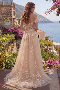 A Linie Blumen Lang Champagner Korsett Schulterfrei Ballkleid