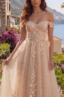 Laden Sie das Bild in den Galerie-Viewer, A Linie Blumen Lang Champagner Korsett Schulterfrei Ballkleid