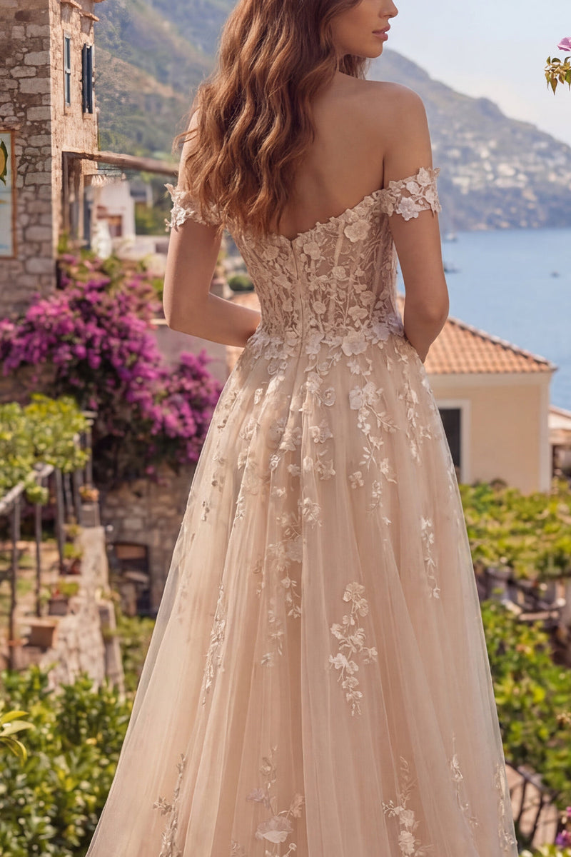 Laden Sie das Bild in den Galerie-Viewer, A Linie Blumen Lang Champagner Korsett Schulterfrei Ballkleid