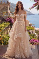 Laden Sie das Bild in den Galerie-Viewer, Champagner Schulterfrei Korsett A Linie Blumen Lang Ballkleid mit Rüschen