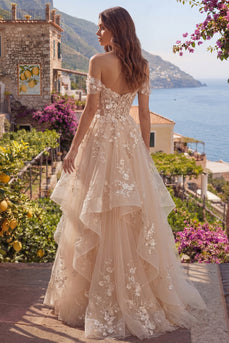 Champagner Schulterfrei Korsett A Linie Blumen Lang Ballkleid mit Rüschen