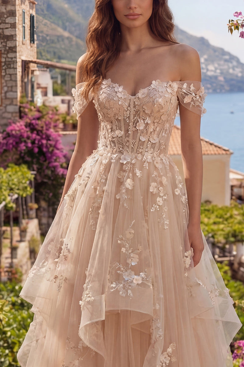 Laden Sie das Bild in den Galerie-Viewer, Champagner Schulterfrei Korsett A Linie Blumen Lang Ballkleid mit Rüschen