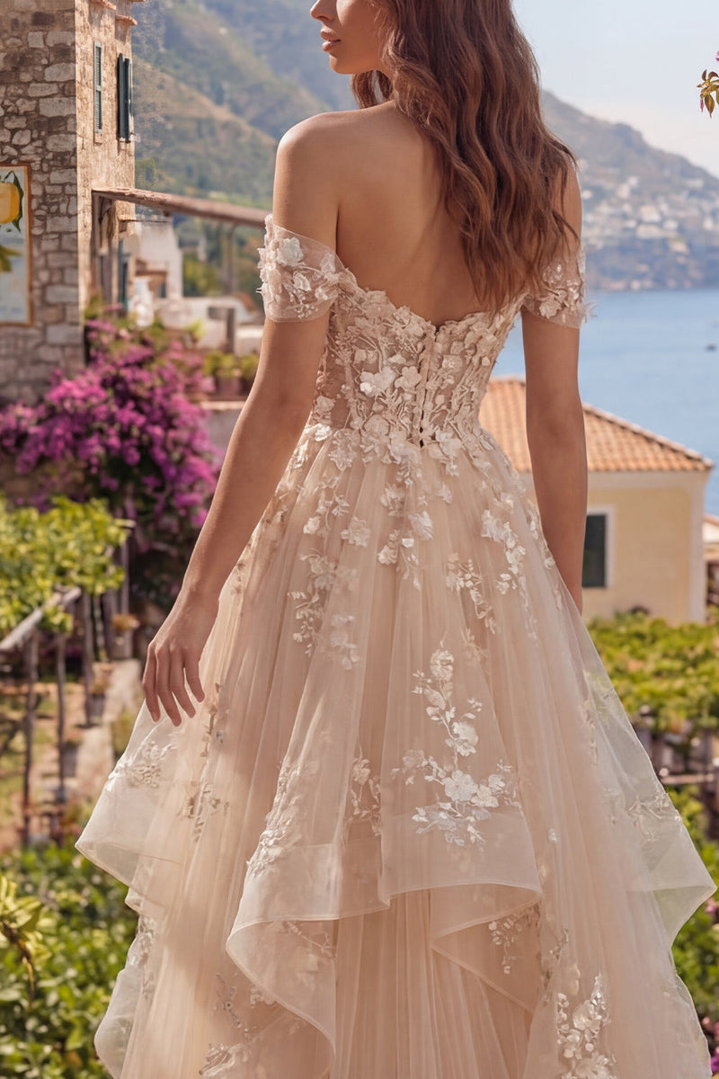 Laden Sie das Bild in den Galerie-Viewer, Champagner Schulterfrei Korsett A Linie Blumen Lang Ballkleid mit Rüschen