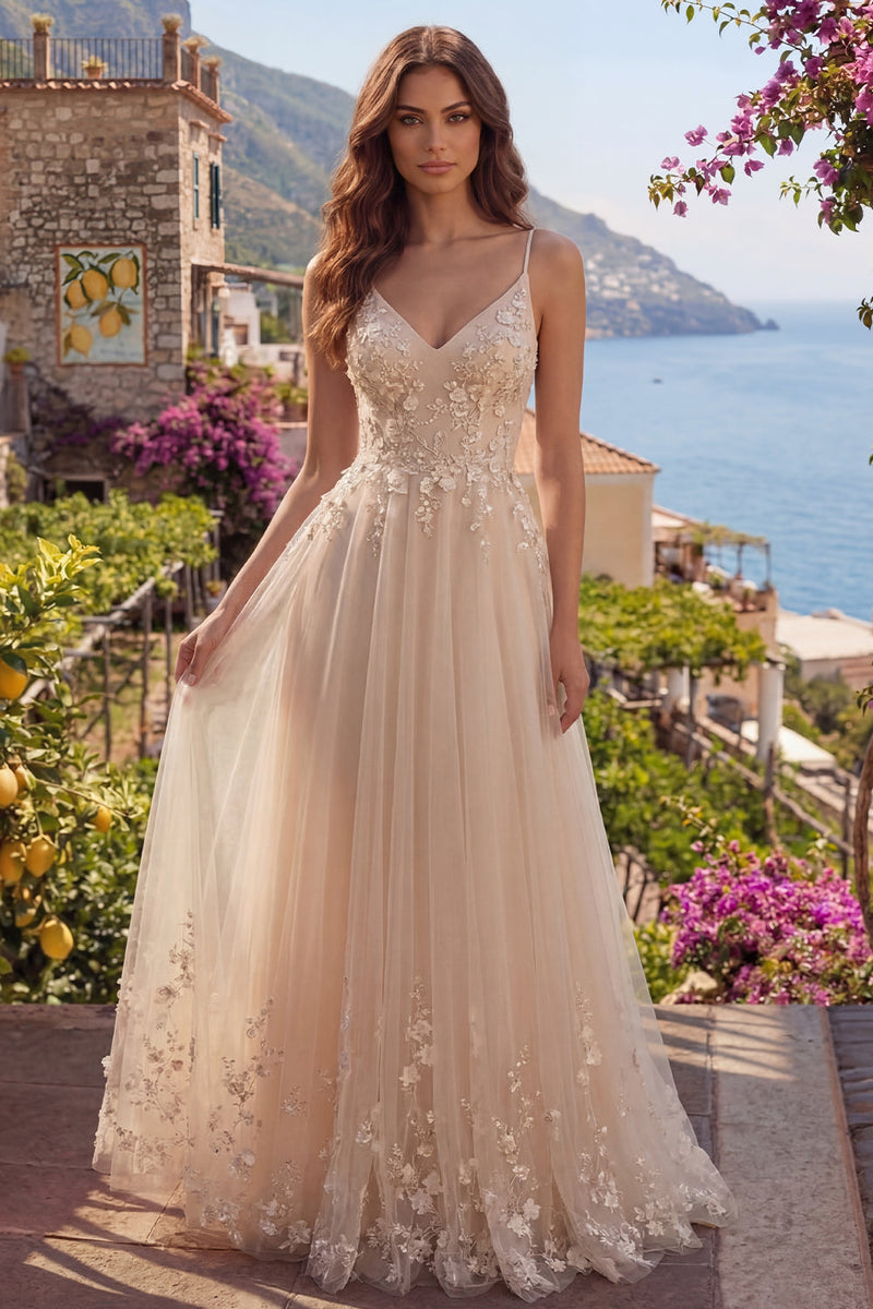 Laden Sie das Bild in den Galerie-Viewer, Spaghettiträger Champagner A Linie Blumen Lang Ballkleid