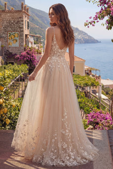 Spaghettiträger Champagner A Linie Blumen Lang Ballkleid