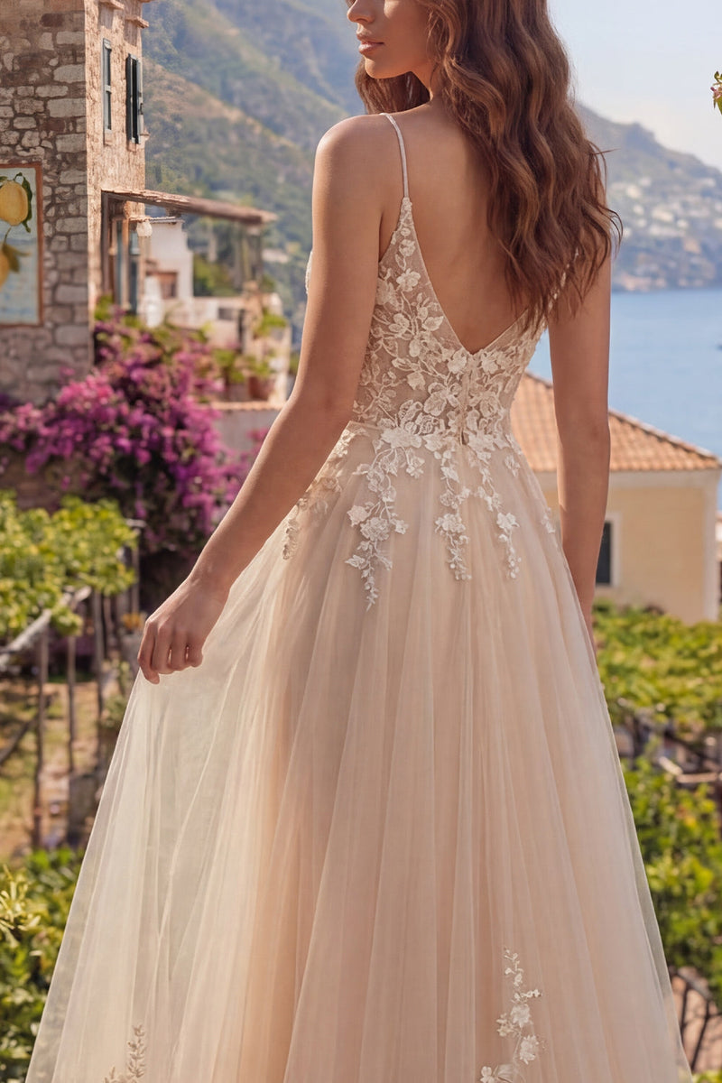 Laden Sie das Bild in den Galerie-Viewer, Spaghettiträger Champagner A Linie Blumen Lang Ballkleid