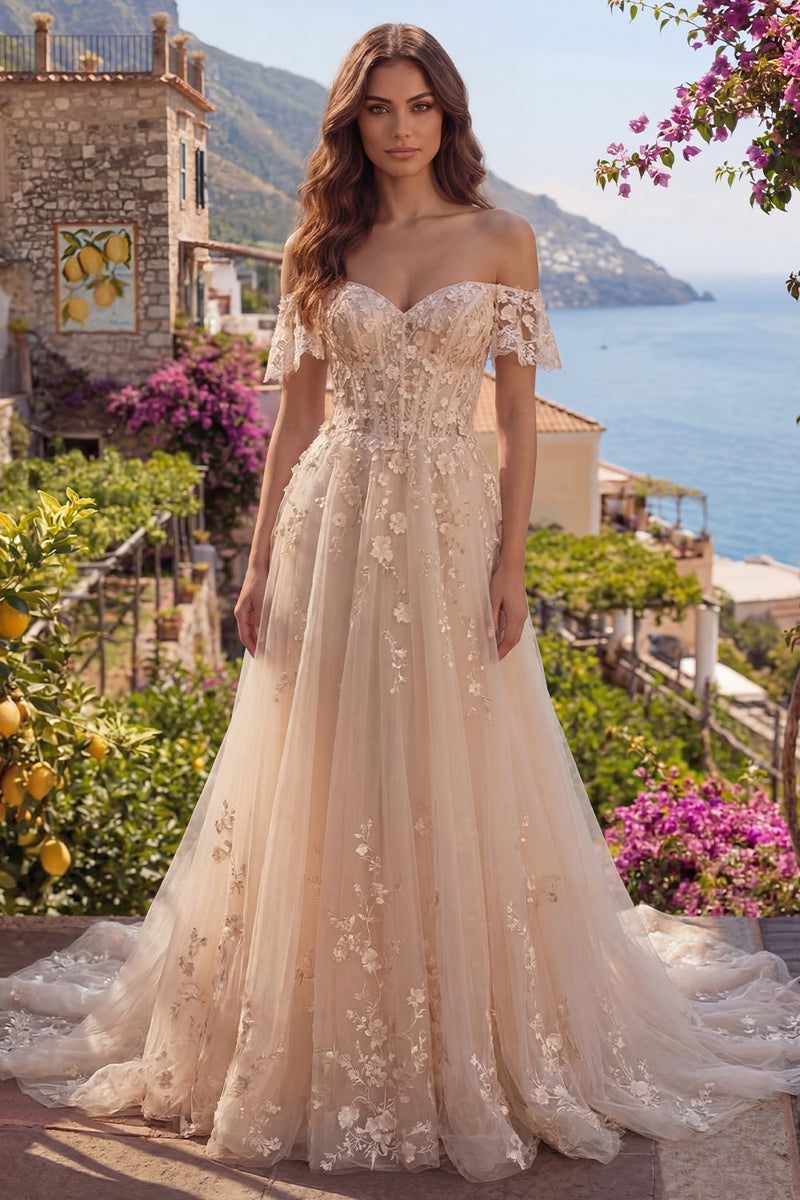 Laden Sie das Bild in den Galerie-Viewer, Lang Champagner Korsett A Linie Blumen Schulterfrei Ballkleid