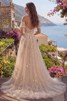 Laden Sie das Bild in den Galerie-Viewer, Lang Champagner Korsett A Linie Blumen Schulterfrei Ballkleid