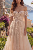 Laden Sie das Bild in den Galerie-Viewer, Lang Champagner Korsett A Linie Blumen Schulterfrei Ballkleid