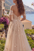 Laden Sie das Bild in den Galerie-Viewer, Lang Champagner Korsett A Linie Blumen Schulterfrei Ballkleid