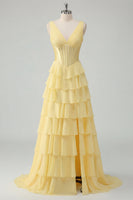 Laden Sie das Bild in den Galerie-Viewer, A Linie Buttergelb Rüschen Korsett V-Ausschnitt Ballkleid mit Schlitz