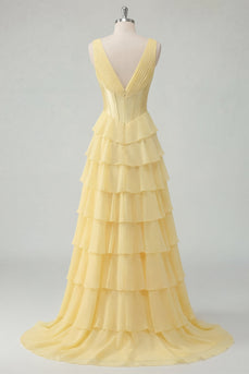 A Linie Buttergelb Rüschen Korsett V-Ausschnitt Ballkleid mit Schlitz
