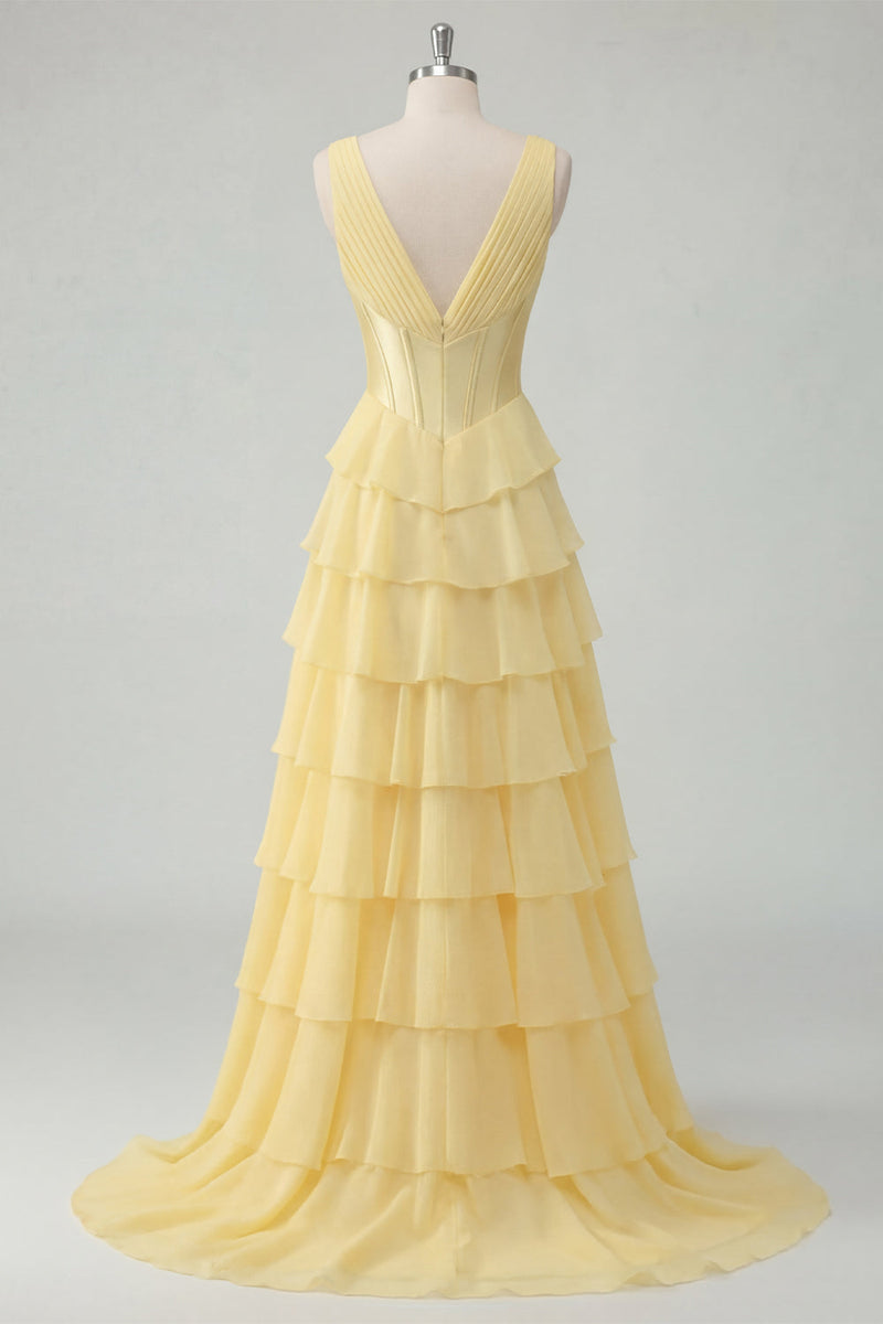 Laden Sie das Bild in den Galerie-Viewer, A Linie Buttergelb Rüschen Korsett V-Ausschnitt Ballkleid mit Schlitz