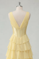 Laden Sie das Bild in den Galerie-Viewer, A Linie Buttergelb Rüschen Korsett V-Ausschnitt Ballkleid mit Schlitz