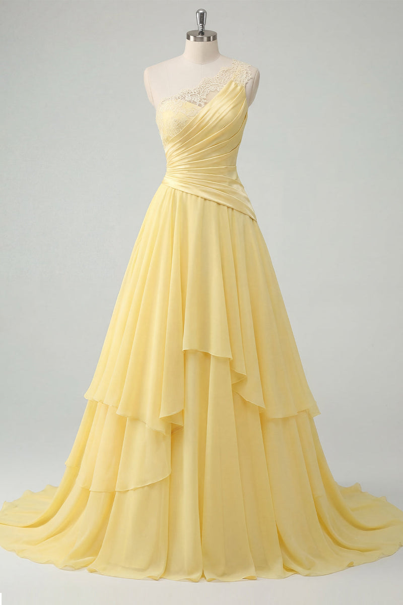 Laden Sie das Bild in den Galerie-Viewer, Ein Schulter Gerafft A Linie Buttergelb Rüschen Ballkleid mit Spitze