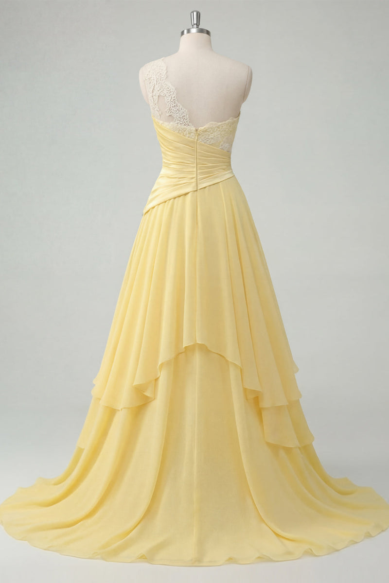 Laden Sie das Bild in den Galerie-Viewer, Ein Schulter Gerafft A Linie Buttergelb Rüschen Ballkleid mit Spitze