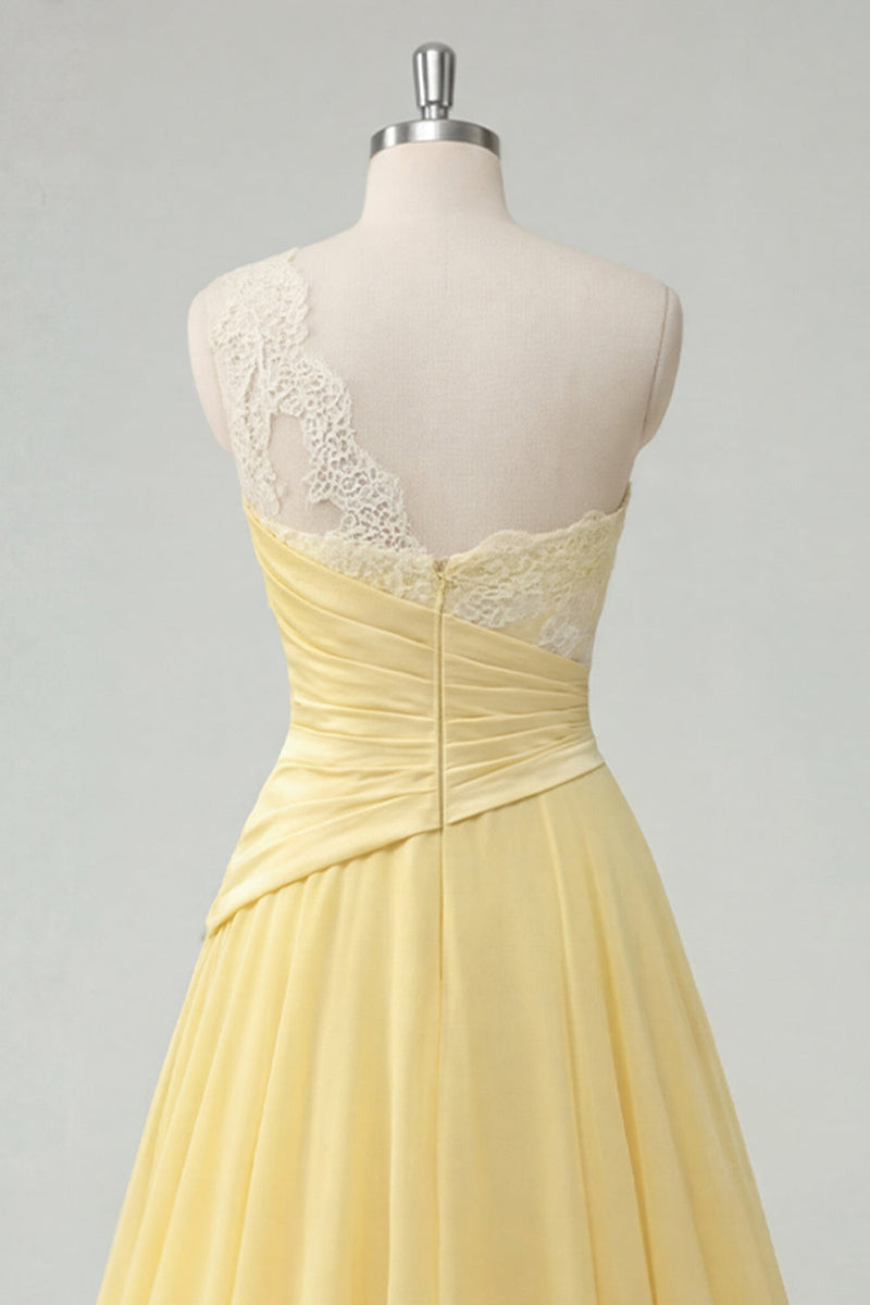 Laden Sie das Bild in den Galerie-Viewer, Ein Schulter Gerafft A Linie Buttergelb Rüschen Ballkleid mit Spitze