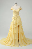 Laden Sie das Bild in den Galerie-Viewer, Schulterfrei A Linie Buttergelb Rüschen Ballkleid mit Schlitz