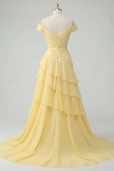 Schulterfrei A Linie Buttergelb Rüschen Ballkleid mit Schlitz