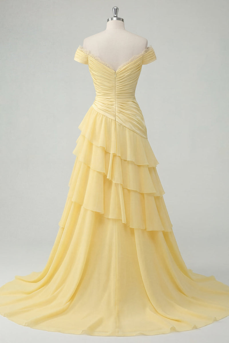 Laden Sie das Bild in den Galerie-Viewer, Schulterfrei A Linie Buttergelb Rüschen Ballkleid mit Schlitz