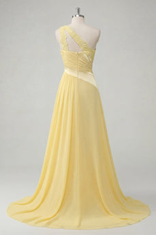 Gerafft A Linie Buttergelb Ein Schulter Ballkleid mit Spitze