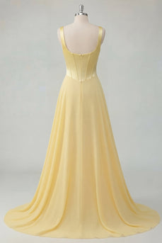 Breite Riemen A Linie Buttergelb Korsett Lang Ballkleid