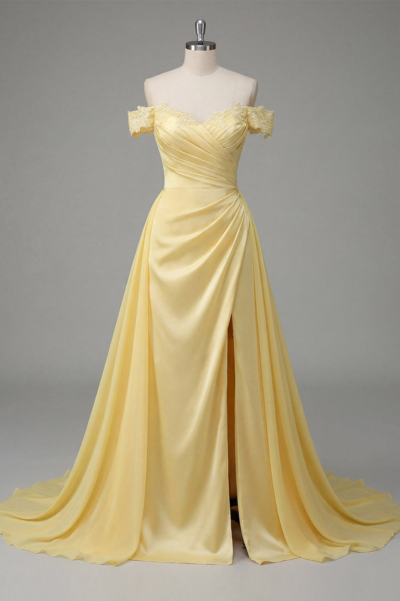 Laden Sie das Bild in den Galerie-Viewer, A Linie Buttergelb Gerafft Schulterfrei Ballkleid mit Cape