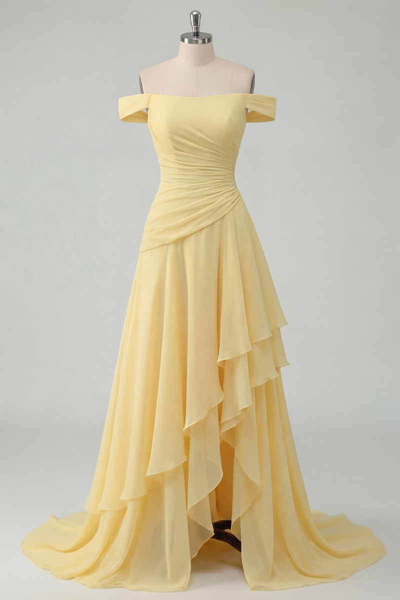Laden Sie das Bild in den Galerie-Viewer, Gerafft A Linie Schulterfrei Buttergelb Rüschen Ballkleid mit Schlitz