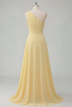 A Linie Ein Schulter Buttergelb Gerafft Ballkleid mit seitlichem Cape