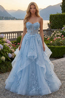 Laden Sie das Bild in den Galerie-Viewer, Lang Glitzerndes Blau Trägerlos Korsett A Linie Blumen Perlenstickerei Ballkleid mit Rüschen