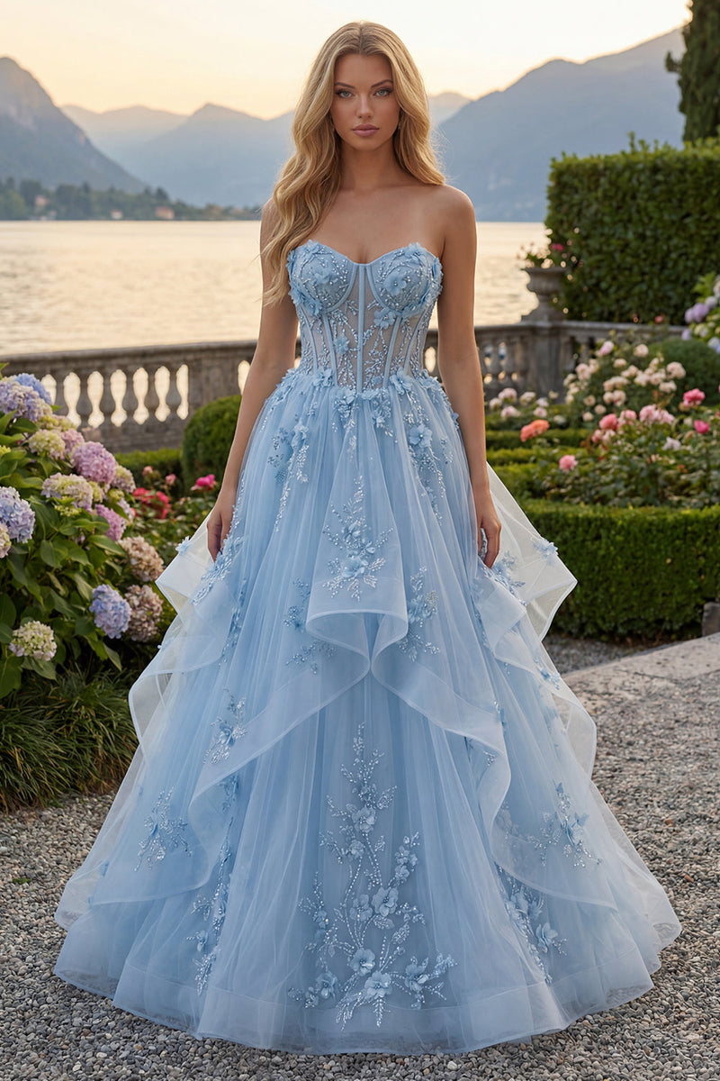 Laden Sie das Bild in den Galerie-Viewer, Lang Glitzerndes Blau Trägerlos Korsett A Linie Blumen Perlenstickerei Ballkleid mit Rüschen
