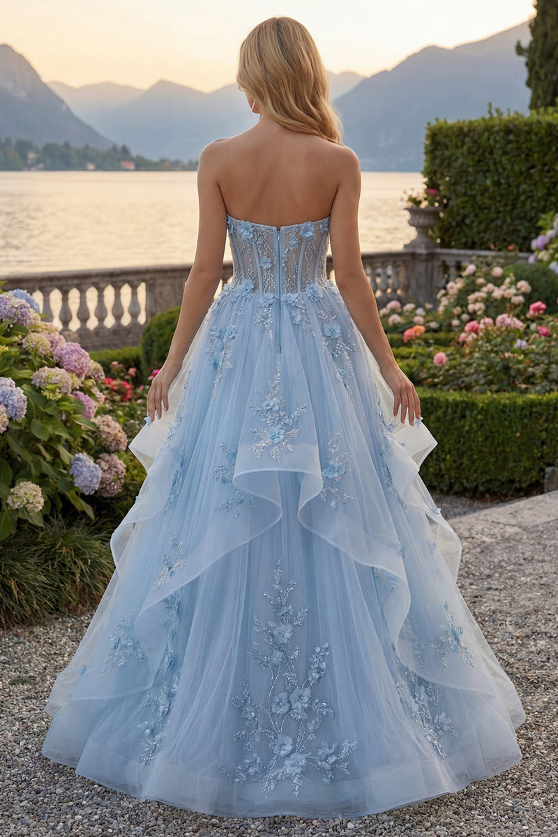 Laden Sie das Bild in den Galerie-Viewer, Lang Glitzerndes Blau Trägerlos Korsett A Linie Blumen Perlenstickerei Ballkleid mit Rüschen