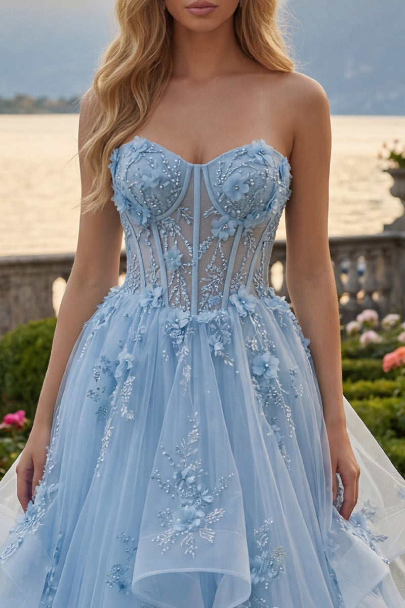 Laden Sie das Bild in den Galerie-Viewer, Lang Glitzerndes Blau Trägerlos Korsett A Linie Blumen Perlenstickerei Ballkleid mit Rüschen