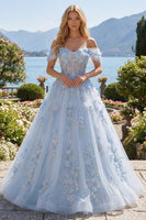 Laden Sie das Bild in den Galerie-Viewer, Schulterfrei Korsett A Linie Lang Glitzerndes Blau Blumen Perlenstickerei Ballkleid