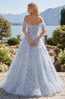 Laden Sie das Bild in den Galerie-Viewer, Schulterfrei Korsett A Linie Lang Glitzerndes Blau Blumen Perlenstickerei Ballkleid