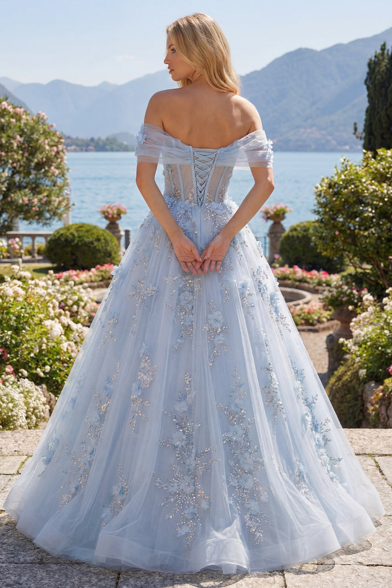 Laden Sie das Bild in den Galerie-Viewer, Schulterfrei Korsett A Linie Lang Glitzerndes Blau Blumen Perlenstickerei Ballkleid