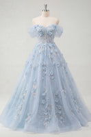Laden Sie das Bild in den Galerie-Viewer, Schulterfrei Korsett A Linie Lang Glitzerndes Blau Blumen Perlenstickerei Ballkleid