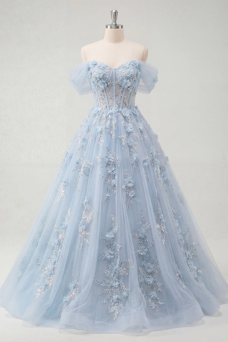 Laden Sie das Bild in den Galerie-Viewer, Schulterfrei Korsett A Linie Lang Glitzerndes Blau Blumen Perlenstickerei Ballkleid