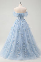 Laden Sie das Bild in den Galerie-Viewer, Schulterfrei Korsett A Linie Lang Glitzerndes Blau Blumen Perlenstickerei Ballkleid