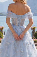 Laden Sie das Bild in den Galerie-Viewer, Schulterfrei Korsett A Linie Lang Glitzerndes Blau Blumen Perlenstickerei Ballkleid