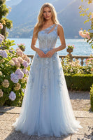 Laden Sie das Bild in den Galerie-Viewer, Ein Schulter Glitzerndes Blau Korsett A Linie Lang Blumen Perlenstickerei Ballkleid