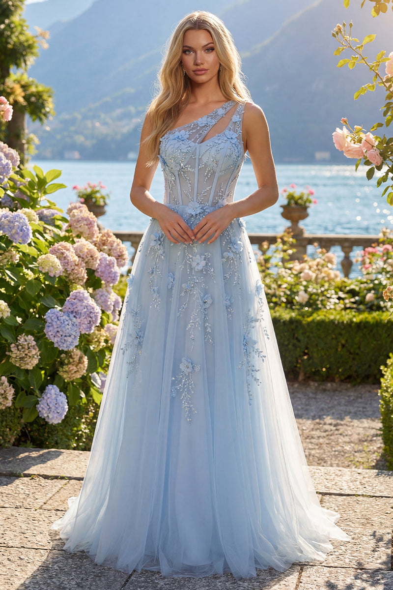 Laden Sie das Bild in den Galerie-Viewer, Ein Schulter Glitzerndes Blau Korsett A Linie Lang Blumen Perlenstickerei Ballkleid