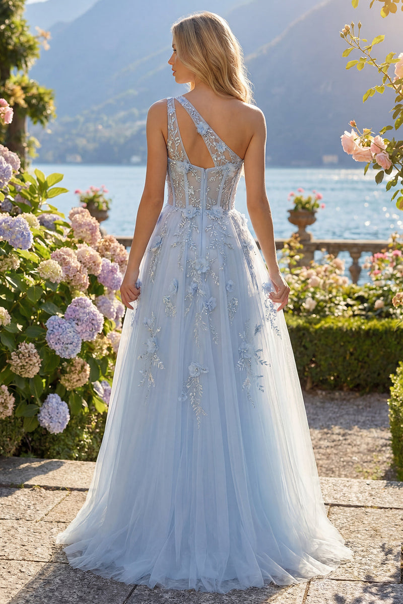 Laden Sie das Bild in den Galerie-Viewer, Ein Schulter Glitzerndes Blau Korsett A Linie Lang Blumen Perlenstickerei Ballkleid