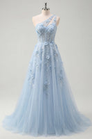 Laden Sie das Bild in den Galerie-Viewer, Ein Schulter Glitzerndes Blau Korsett A Linie Lang Blumen Perlenstickerei Ballkleid