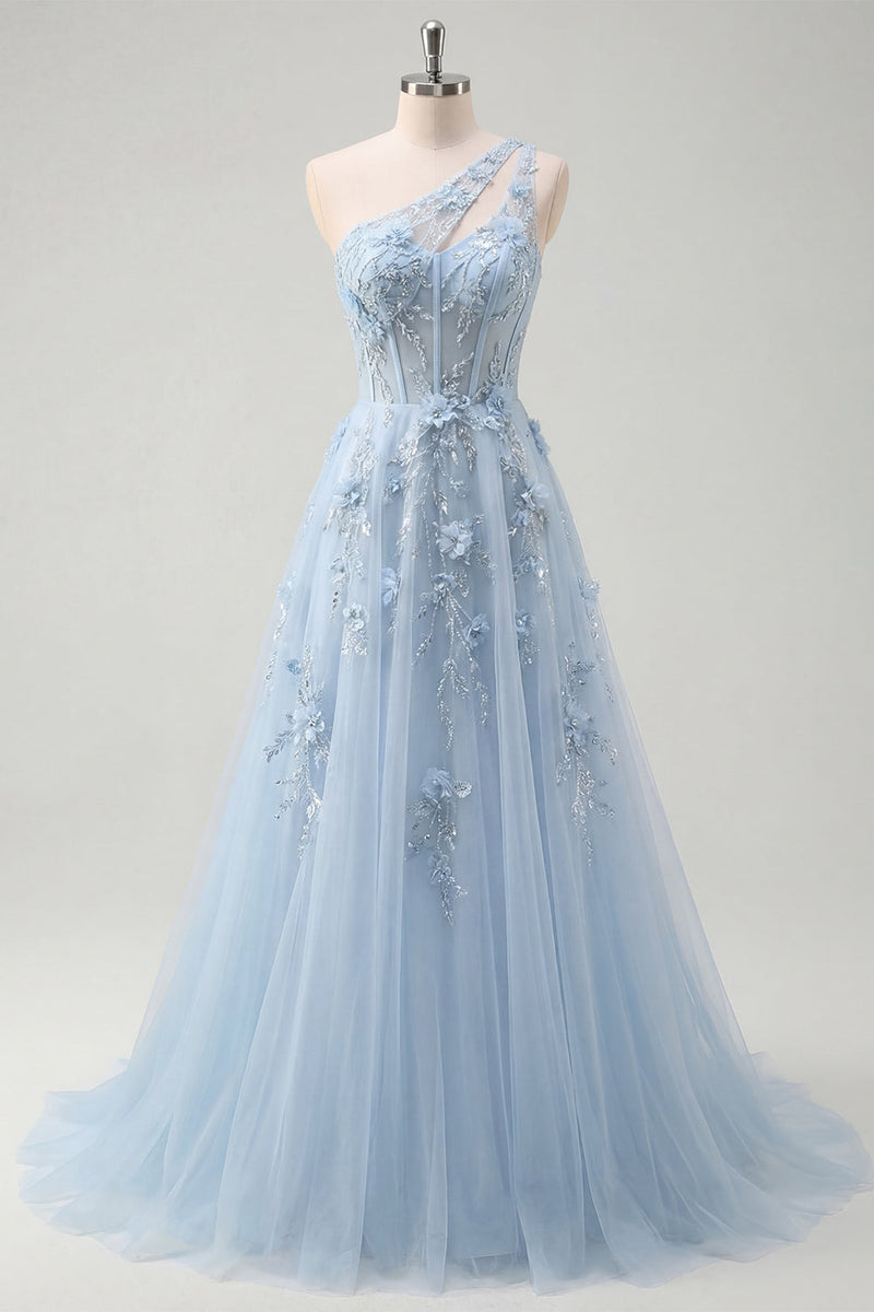 Laden Sie das Bild in den Galerie-Viewer, Ein Schulter Glitzerndes Blau Korsett A Linie Lang Blumen Perlenstickerei Ballkleid