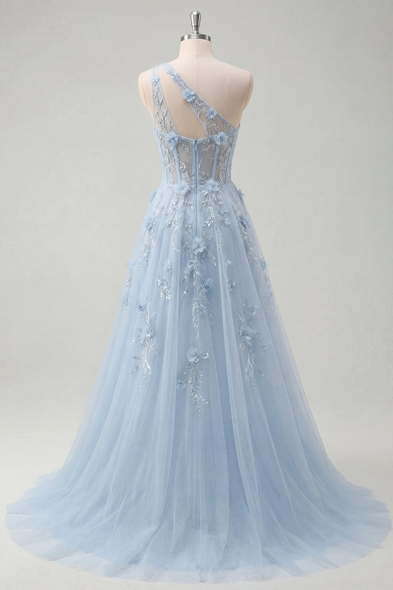 Laden Sie das Bild in den Galerie-Viewer, Ein Schulter Glitzerndes Blau Korsett A Linie Lang Blumen Perlenstickerei Ballkleid