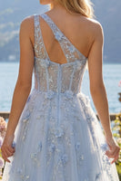 Laden Sie das Bild in den Galerie-Viewer, Ein Schulter Glitzerndes Blau Korsett A Linie Lang Blumen Perlenstickerei Ballkleid